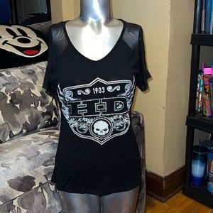 Harley Davidson short sleeve top with sheer key hole sleeves and rhinestones